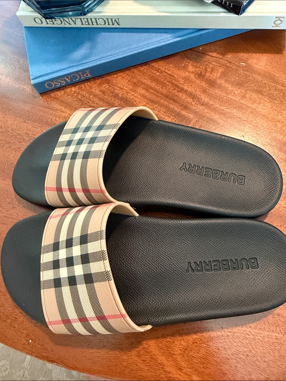 Women’s Burberry Vintage Check Slide Sandals.